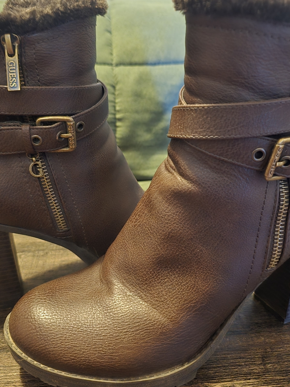 GUESS Brown Faux-Leather Ankle Boots with Faux-Fur Cuff